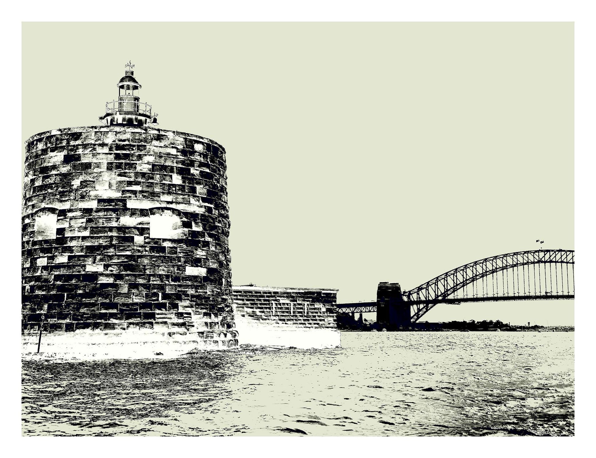 POPscape Sydney - Harbour Pinch Gut 9617v10 - 104x81.5cm, Pop Art style black and white Sydney Harbour Pinch Gut and Harbour Bridge, fine art limited edition print by Raymond Mather.