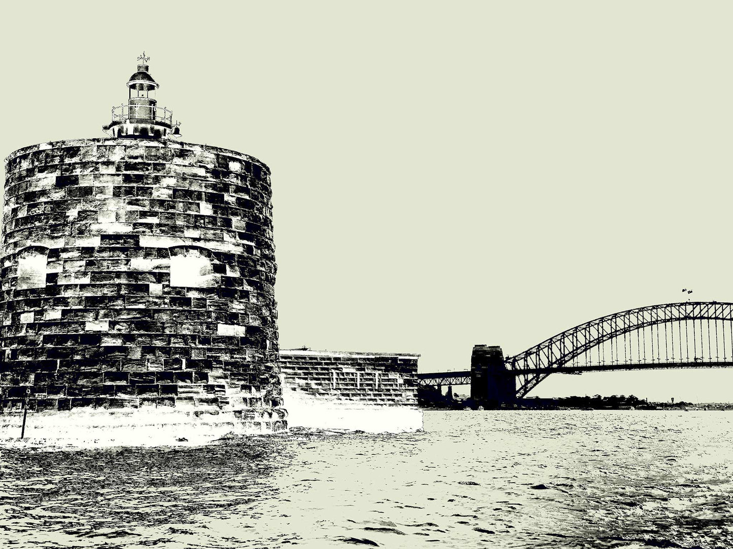POPscape Sydney - Harbour Pinch Gut 9617v10 - 90x67.5cm, Pop Art style black and white Sydney Harbour Pinch Gut and Harbour Bridge, fine art limited edition print by Raymond Mather.