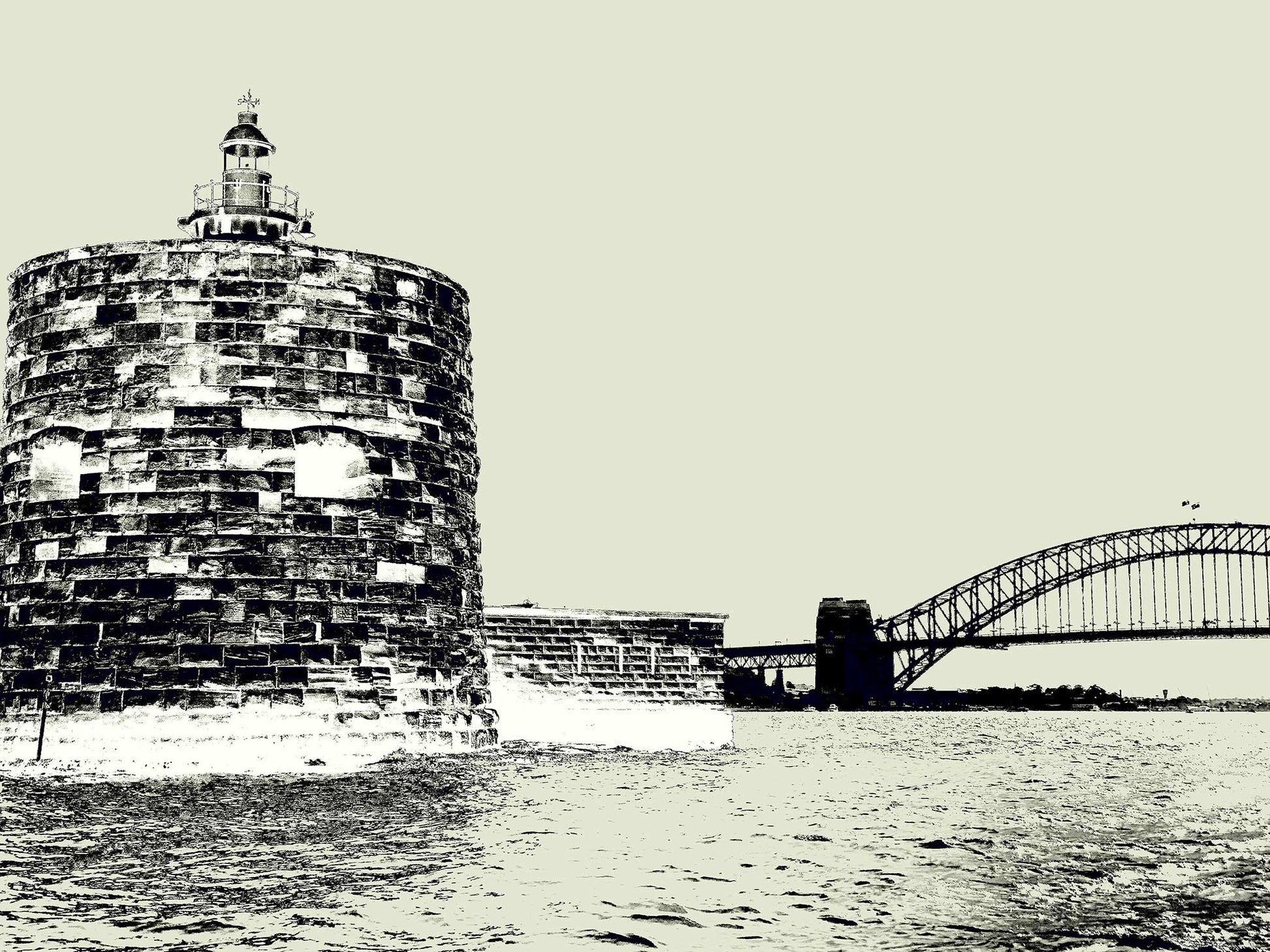 POPscape Sydney - Harbour Pinch Gut 9617v10 - 90x67.5cm, Pop Art style black and white Sydney Harbour Pinch Gut and Harbour Bridge, fine art limited edition print by Raymond Mather.