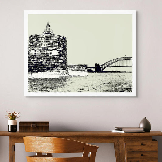 POPscape Sydney - Harbour Pinch Gut 9617v10 - Room View, Pop Art style black and white Sydney Harbour Pinch Gut and Harbour Bridge, fine art limited edition print by Raymond Mather.