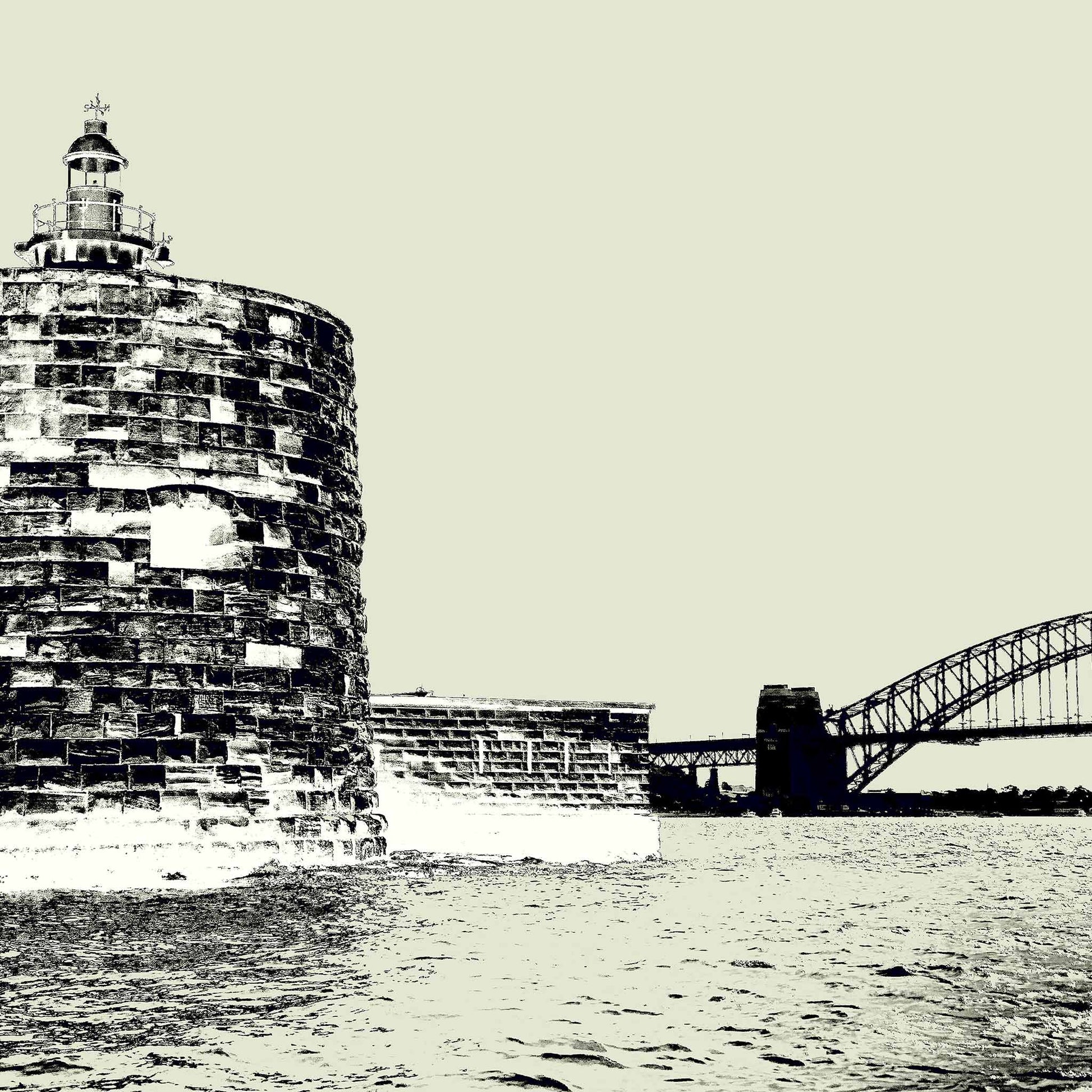 POPscape Sydney - Harbour Pinch Gut 9617v10 - Close Detail View, Pop Art style black and white Sydney Harbour Pinch Gut and Harbour Bridge, fine art limited edition print by Raymond Mather.