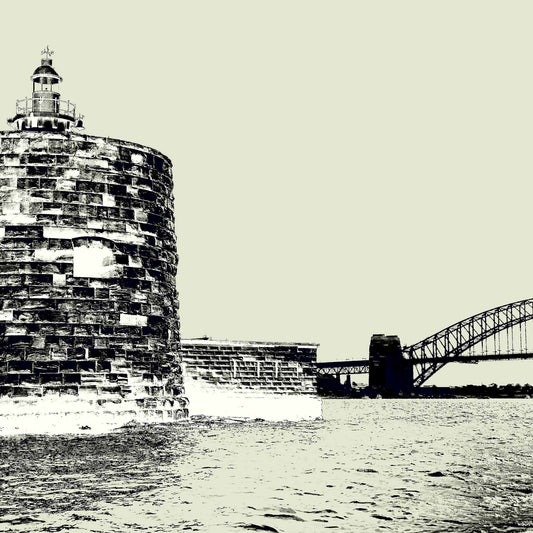 POPscape Sydney - Harbour Pinch Gut 9617v10 - Close Detail View, Pop Art style black and white Sydney Harbour Pinch Gut and Harbour Bridge, fine art limited edition print by Raymond Mather.