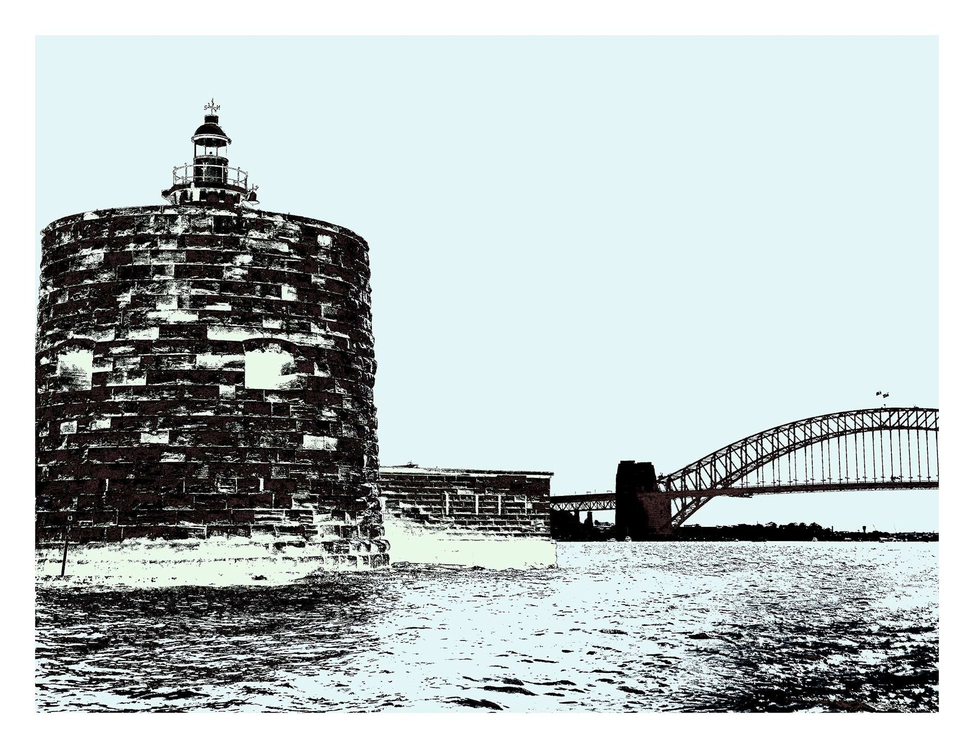 POPscape Sydney - Harbour Pinch Gut 9617v16a - 104x81.5cm, high contrast black and white Pop Art Sydney Harbour Pinch Gut with bridge, limited edition fine art print.