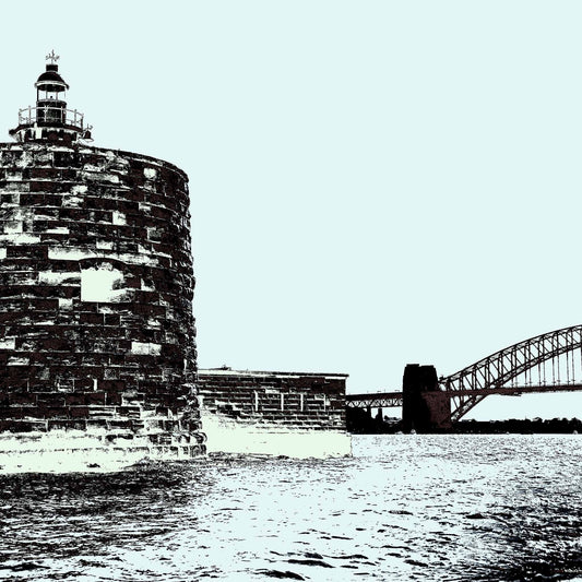POPscape Sydney - Harbour Pinch Gut 9617v16a - Close Detail View, high contrast black and white Pop Art Sydney Harbour Pinch Gut with bridge, limited edition fine art print.