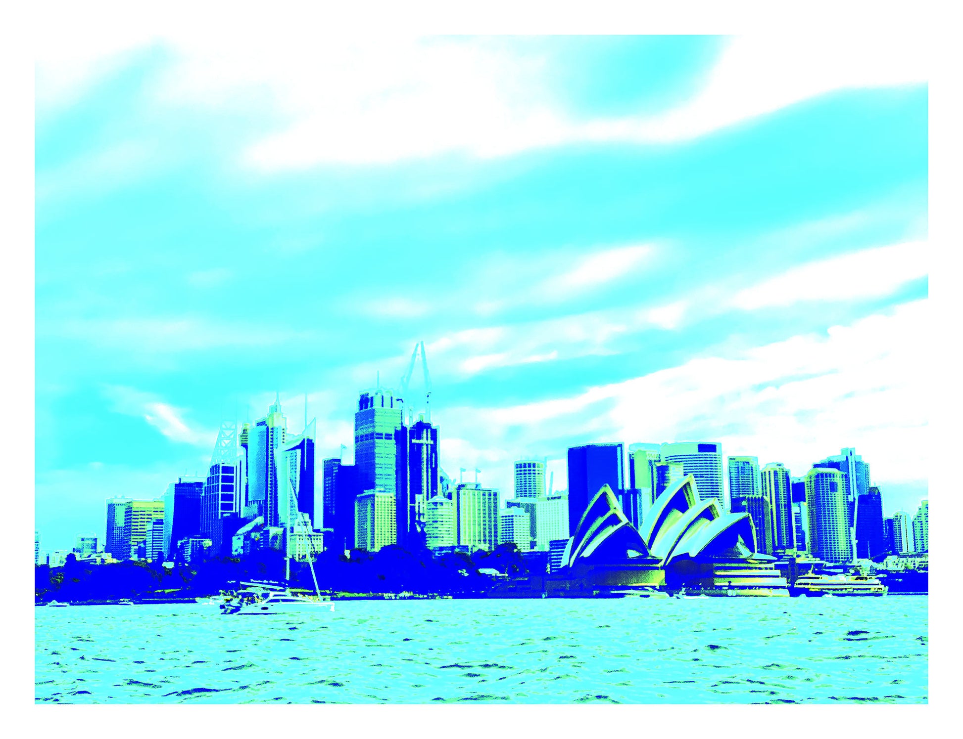POPscape Sydney - Harbour Sailing - 9574v5 - 104x81.5cm, Stylised view of Sydney Harbour with sailboats in the foreground and the Opera House and city skyline in the background. Rendered in bright aqua and blue Pop Art tones.