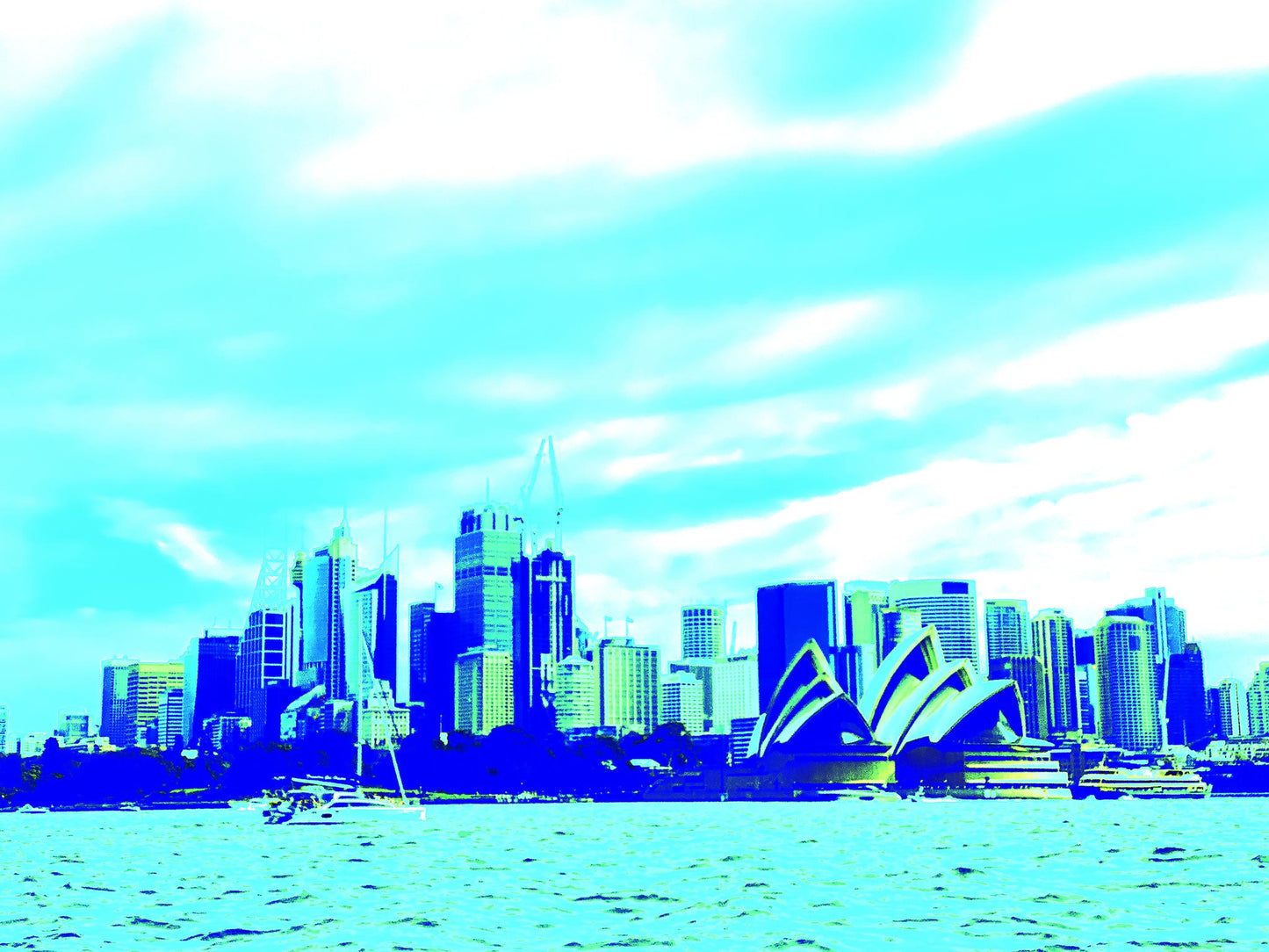 POPscape Sydney - Harbour Sailing - 9574v5 - 90x67.5cm, Stylised view of Sydney Harbour with sailboats in the foreground and the Opera House and city skyline in the background. Rendered in bright aqua and blue Pop Art tones.