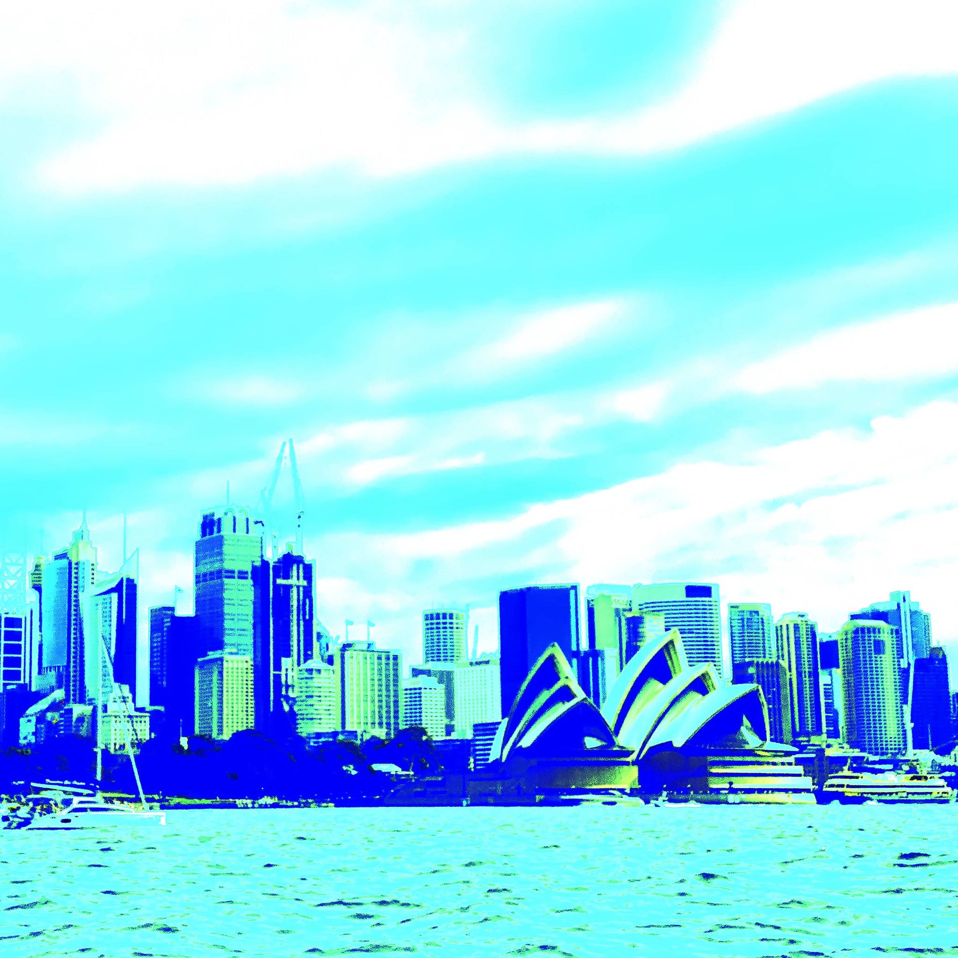POPscape Sydney - Harbour Sailing - 9574v5 - Close Detail View, Stylised view of Sydney Harbour with sailboats in the foreground and the Opera House and city skyline in the background. Rendered in bright aqua and blue Pop Art tones.