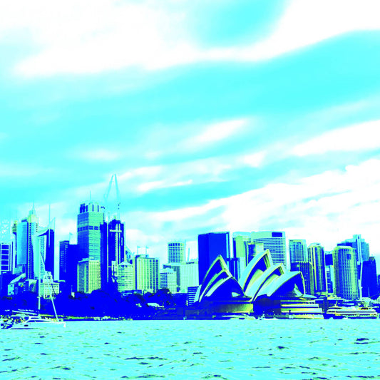 POPscape Sydney - Harbour Sailing - 9574v5 - Close Detail View, Stylised view of Sydney Harbour with sailboats in the foreground and the Opera House and city skyline in the background. Rendered in bright aqua and blue Pop Art tones.