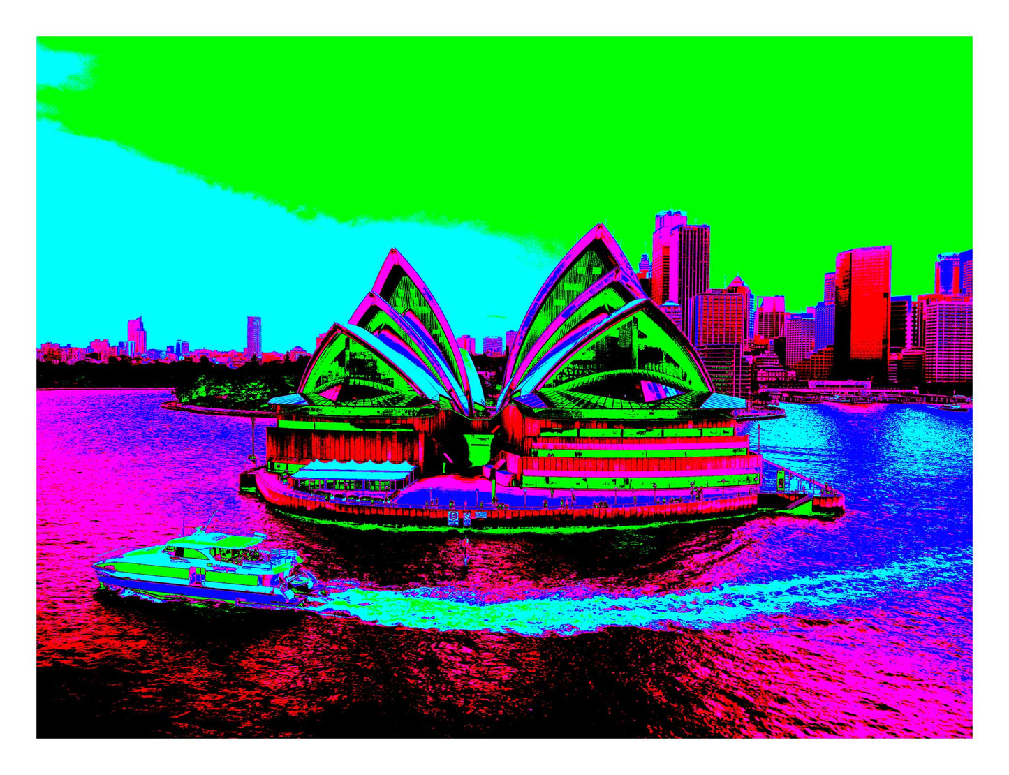 POPscape Sydney - Sydney Opera House Ferry 0125v32 - 104x81.5cm, neon Pop Art Sydney Opera House with ferry, vibrant cityscape background, fine art print.