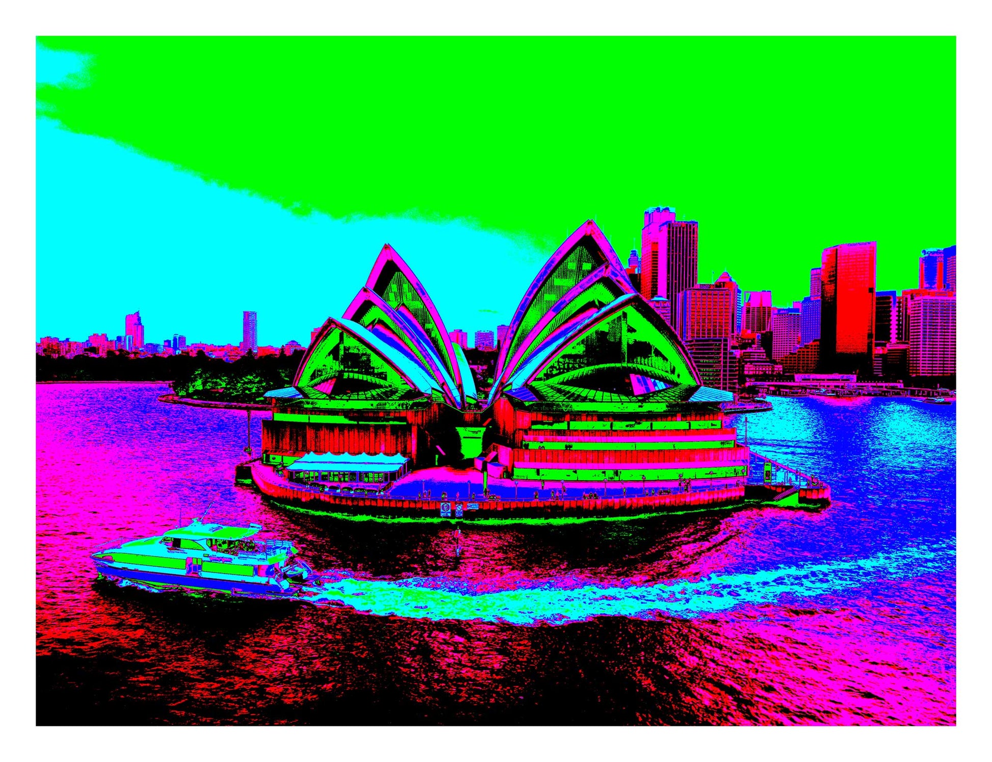 POPscape Sydney - Sydney Opera House Ferry 0125v32 - 104x81.5cm, neon Pop Art Sydney Opera House with ferry, vibrant cityscape background, fine art print.