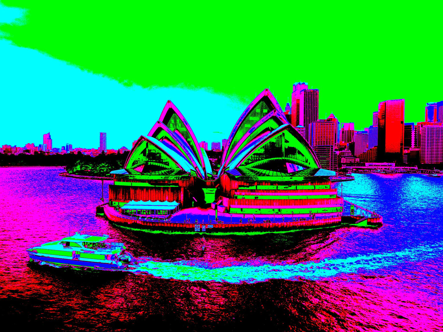 POPscape Sydney - Sydney Opera House Ferry 0125v32 - 90x67.5cm, neon Pop Art Sydney Opera House with ferry, vibrant cityscape background, fine art print.