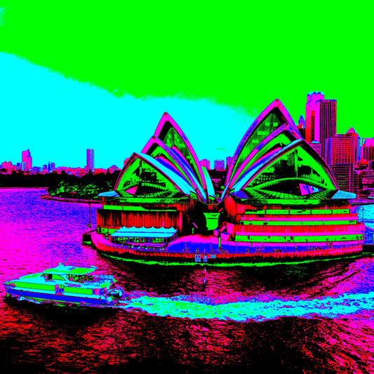 POPscape Sydney - Sydney Opera House Ferry 0125v32 - Close Detail View, neon Pop Art Sydney Opera House with ferry, vibrant cityscape background, fine art print.