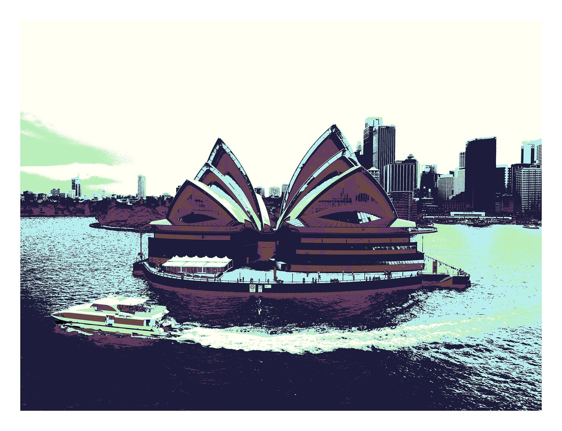 POPscape Sydney - Sydney Opera House Ferry 0125v41 - 104x81.5cm, muted Pop Art tones of Sydney Opera House with ferry and city backdrop, limited edition print.
