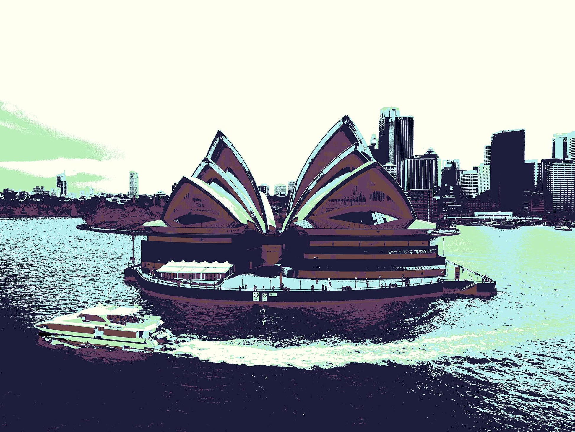POPscape Sydney - Sydney Opera House Ferry 0125v41 - 90x67.5cm, muted Pop Art tones of Sydney Opera House with ferry and city backdrop, limited edition print.