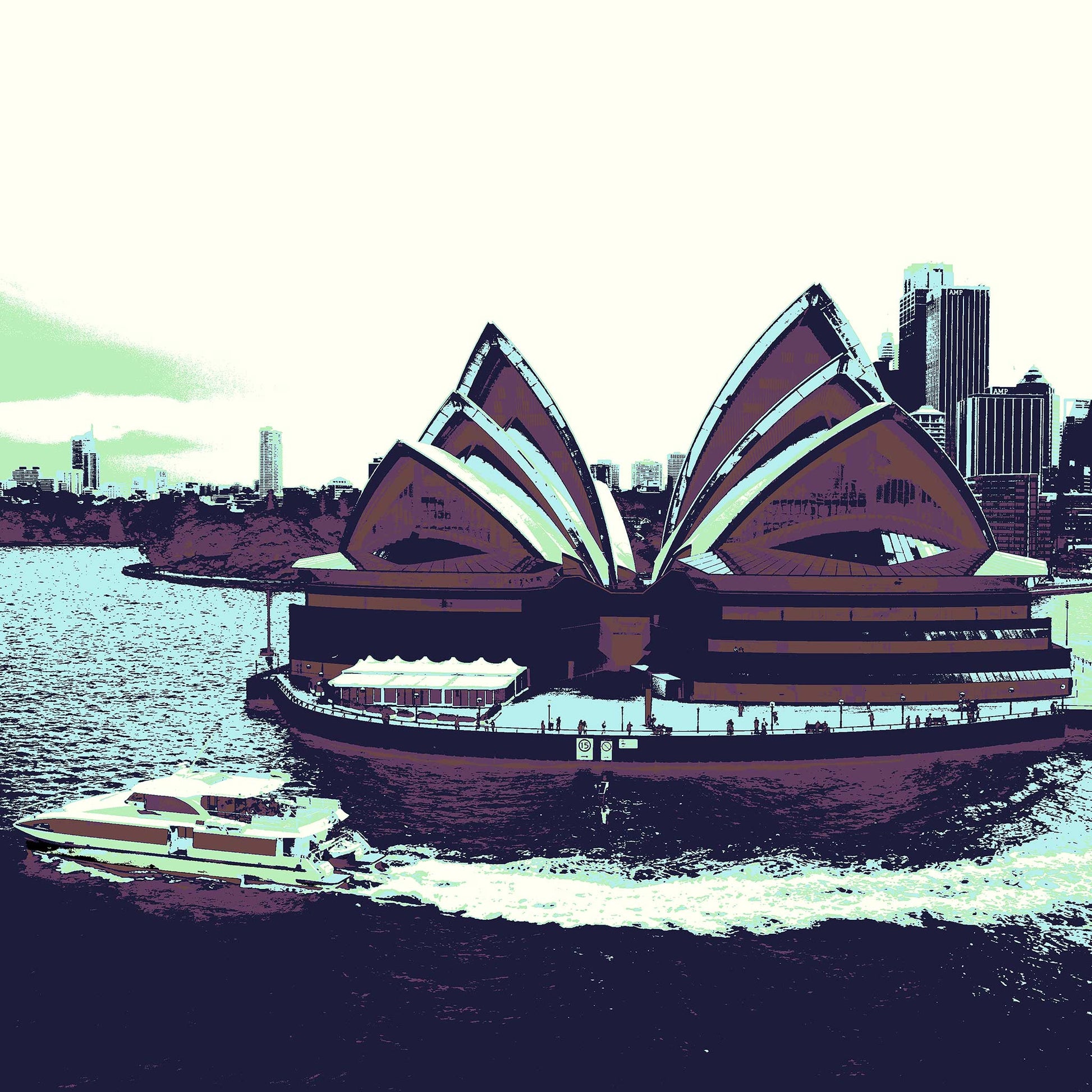 POPscape Sydney - Sydney Opera House Ferry 0125v41 - Close Detail View, muted Pop Art tones of Sydney Opera House with ferry and city backdrop, limited edition print.