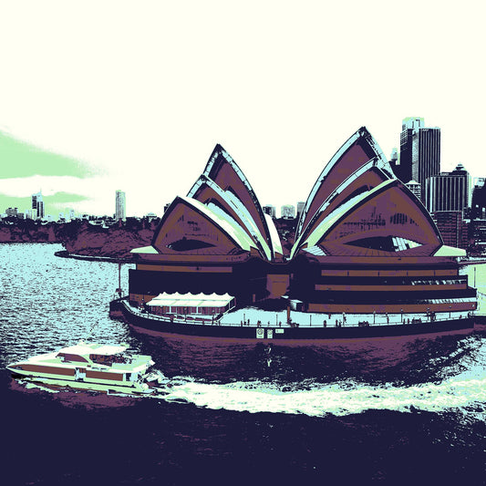 POPscape Sydney - Sydney Opera House Ferry 0125v41 - Close Detail View, muted Pop Art tones of Sydney Opera House with ferry and city backdrop, limited edition print.