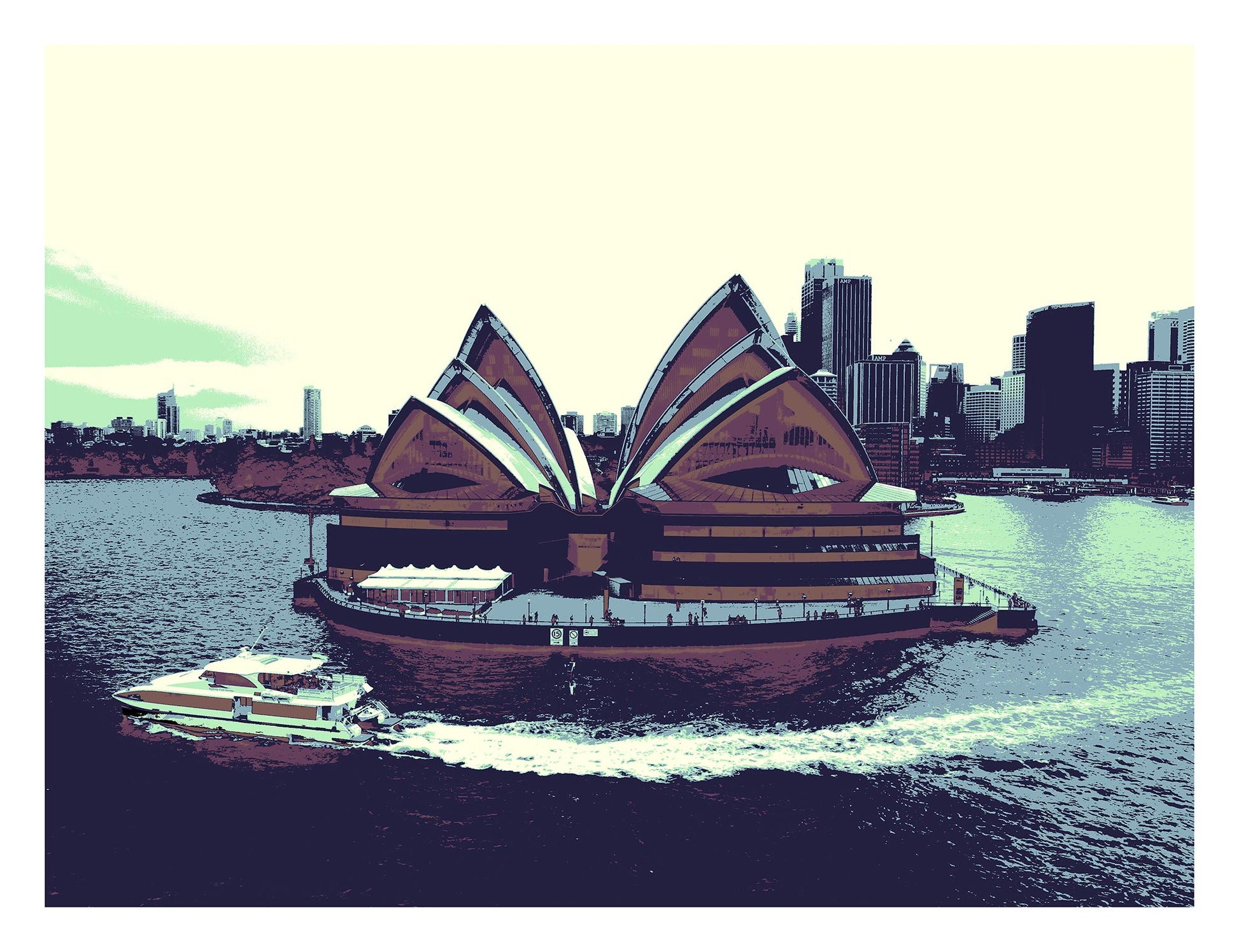 POPscape Sydney - Sydney Opera House Ferry 0125v42 - 104x81.5cm, dark-toned Pop Art Sydney Opera House scene with ferry on harbour, fine art print.