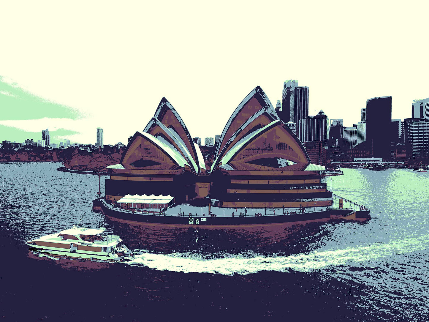 POPscape Sydney - Sydney Opera House Ferry 0125v42 - 90x67.5cm, dark-toned Pop Art Sydney Opera House scene with ferry on harbour, fine art print.