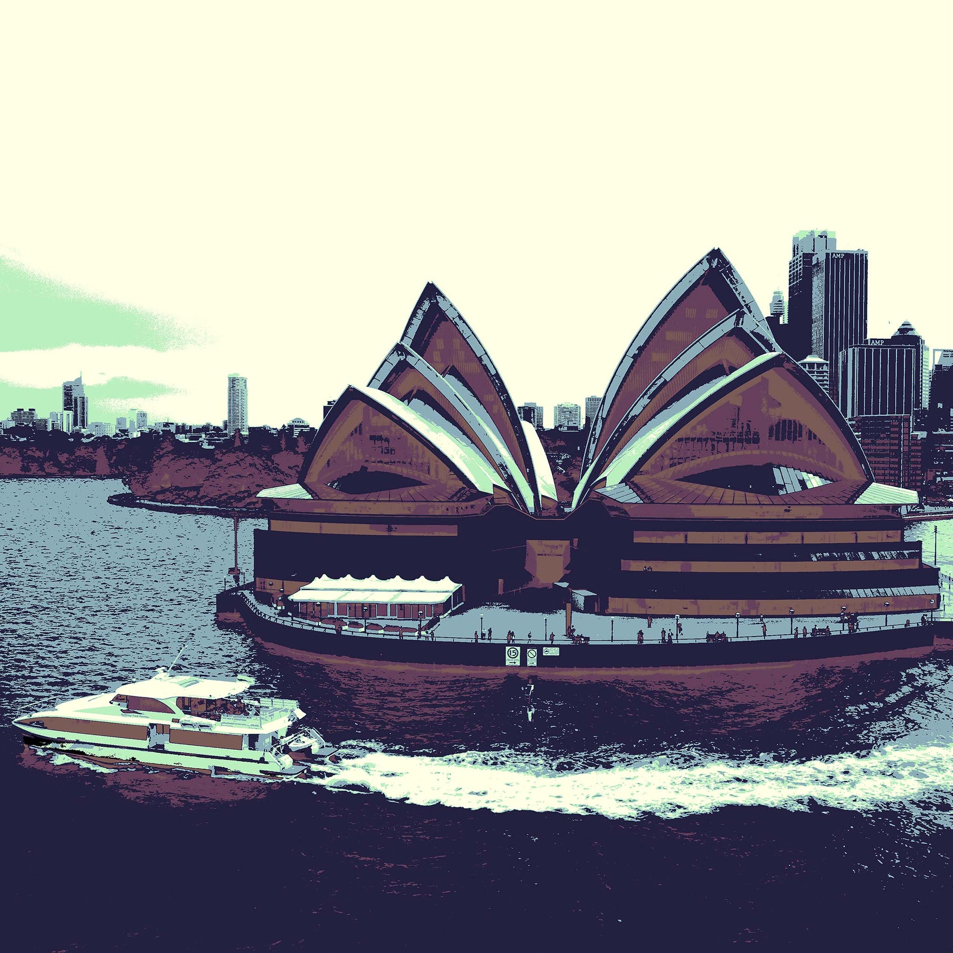 POPscape Sydney - Sydney Opera House Ferry 0125v42 - Close Detail View, dark-toned Pop Art Sydney Opera House scene with ferry on harbour, fine art print.