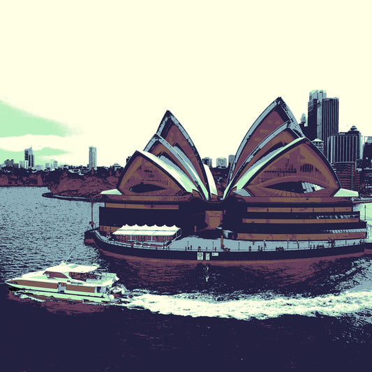 POPscape Sydney - Sydney Opera House Ferry 0125v42 - Close Detail View, dark-toned Pop Art Sydney Opera House scene with ferry on harbour, fine art print.