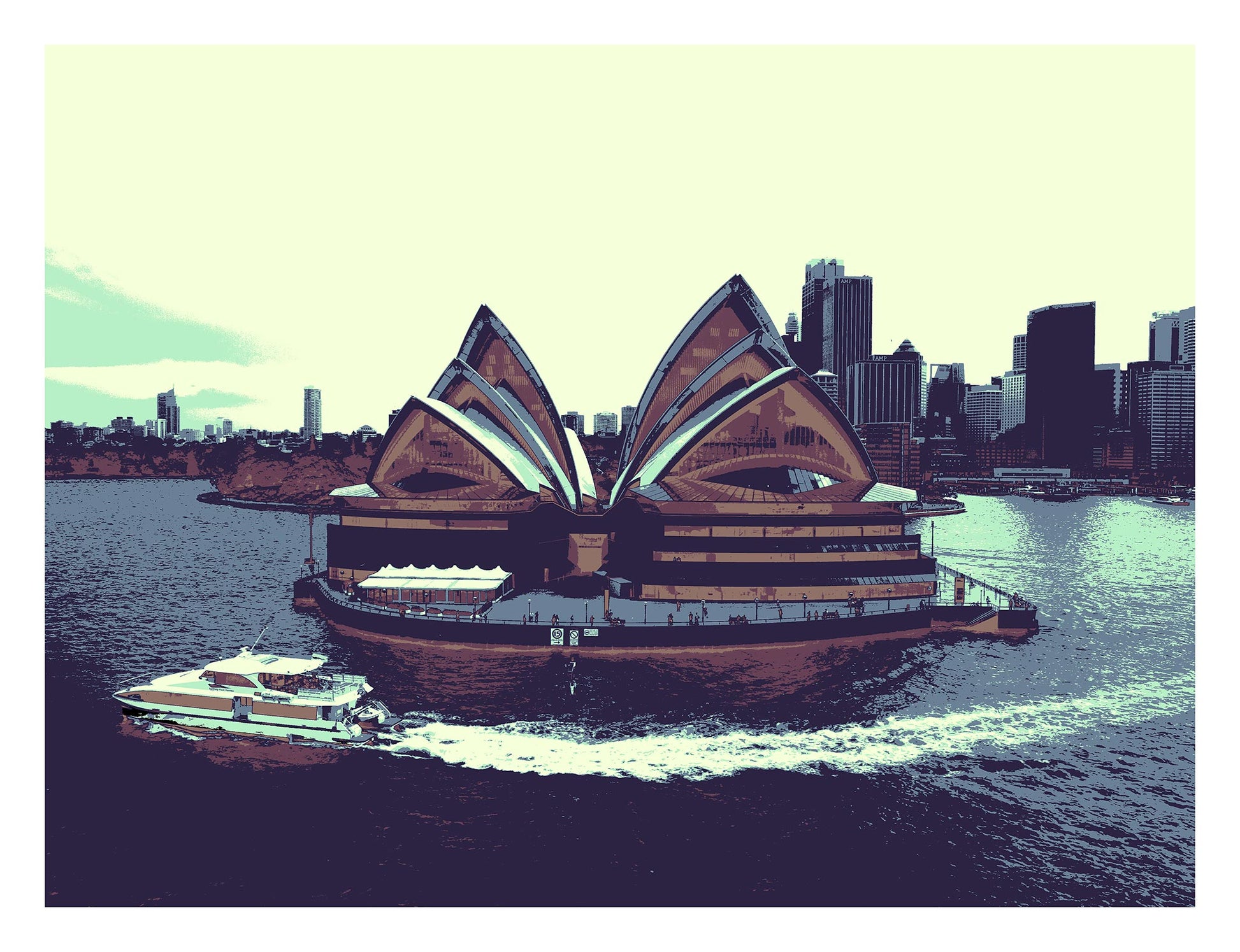 POPscape Sydney - Sydney Opera House Ferry 0125v43 - 104x81.5cm, warm-toned Pop Art Sydney Opera House with ferry, harbour view, limited edition print.