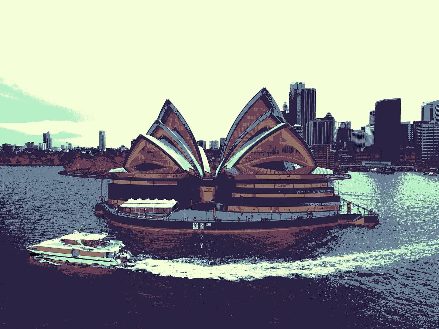 POPscape Sydney - Sydney Opera House Ferry 0125v43 - 90x67.5cm, warm-toned Pop Art Sydney Opera House with ferry, harbour view, limited edition print.