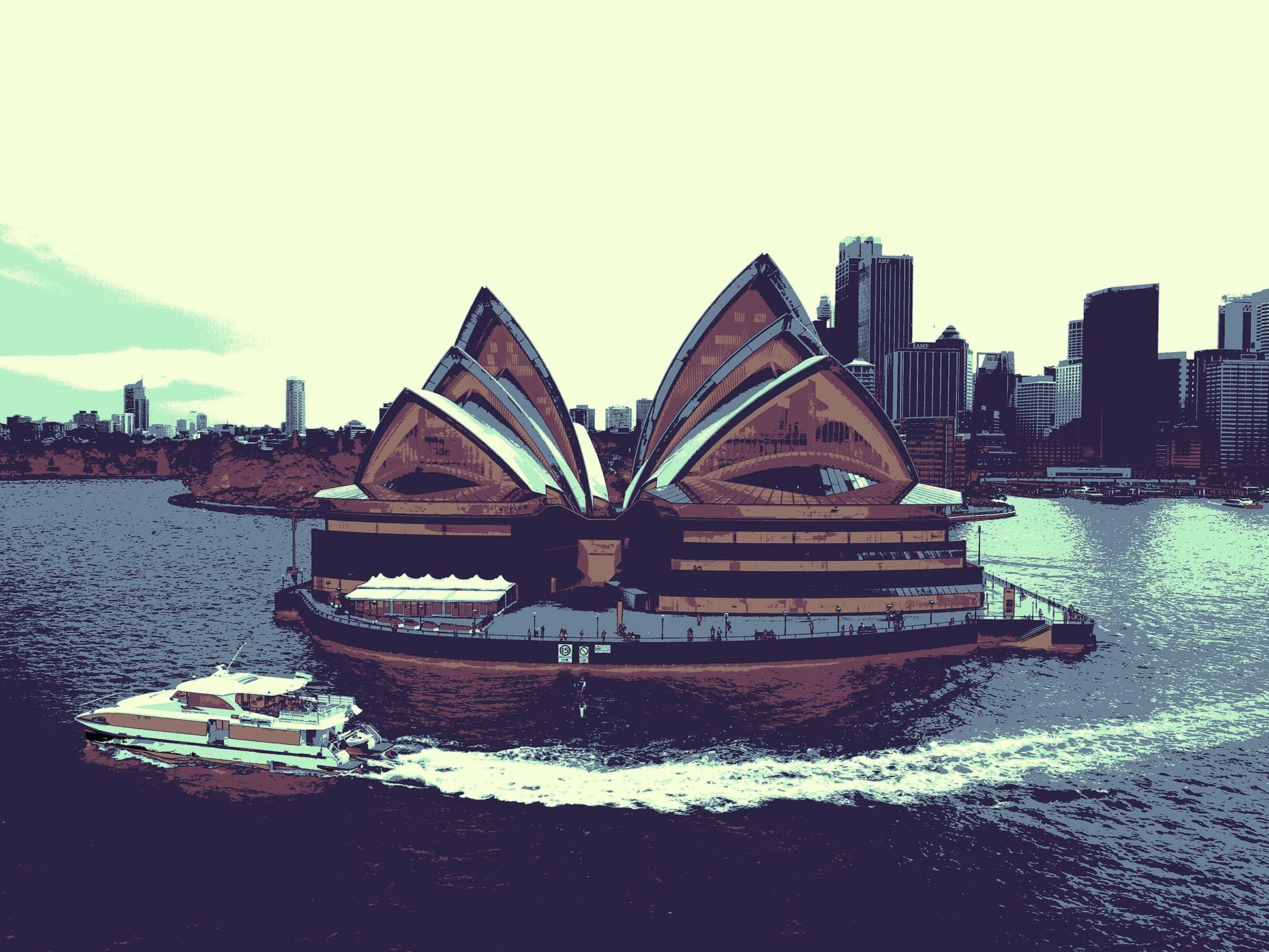 POPscape Sydney - Sydney Opera House Ferry 0125v43 - 90x67.5cm, warm-toned Pop Art Sydney Opera House with ferry, harbour view, limited edition print.