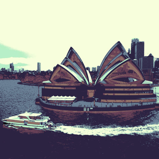 POPscape Sydney - Sydney Opera House Ferry 0125v43 - Close Detail View, warm-toned Pop Art Sydney Opera House with ferry, harbour view, limited edition print.