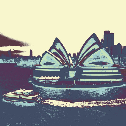 POPscape Sydney - Sydney Opera House Ferry 0125v55 - Close Detail View, retro-style Pop Art Sydney Opera House with ferry and cityscape, fine art limited edition.