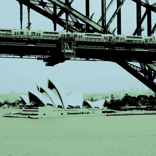 POPscape Sydney - Opera House Bridge Train 0095v11 - Close Detail View, Pop Art depiction of Sydney Opera House and Harbour Bridge with muted tones, limited edition print.