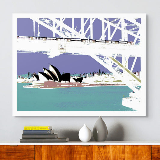 POPscape Sydney - Opera House Bridge Train 0095v12 - Room View, Pop Art style purple and white Sydney Opera House under the Harbour Bridge, fine art print.