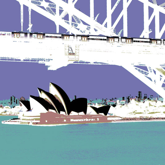 POPscape Sydney - Opera House Bridge Train 0095v12 - Close Detail View, Pop Art style purple and white Sydney Opera House under the Harbour Bridge, fine art print.