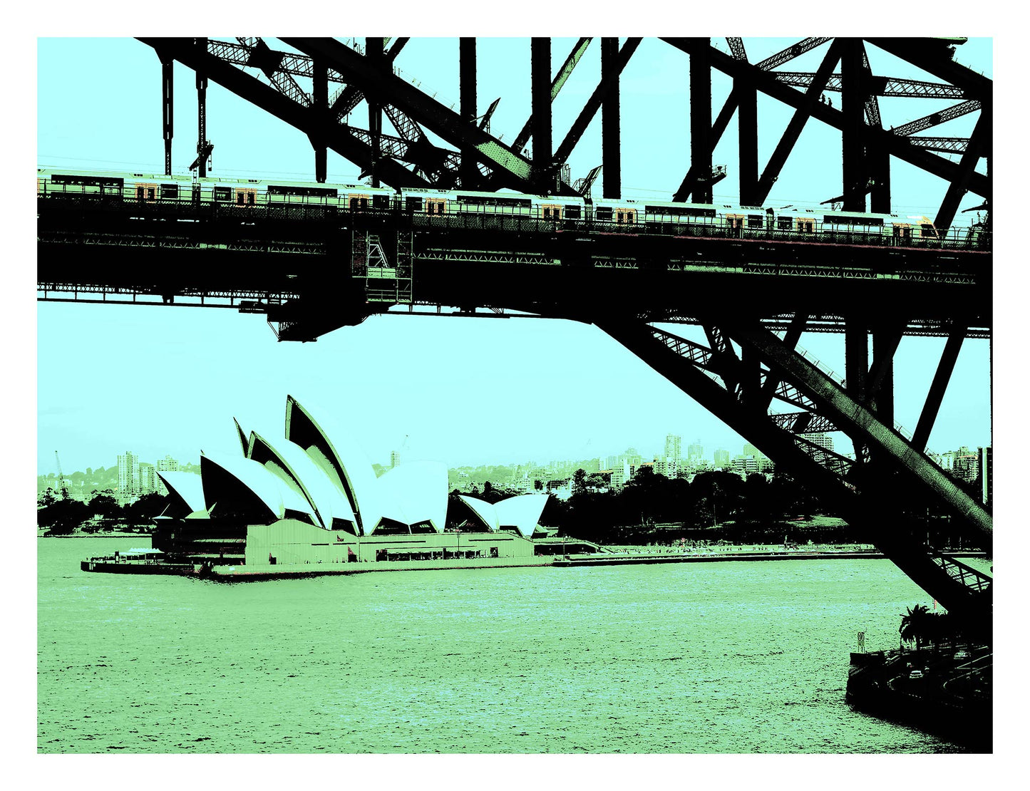 POPscape Sydney - Opera House Bridge Train 0095v18 - 104x81.5cm, Sydney Opera House and Harbour Bridge in green-toned Pop Art style, limited edition print.