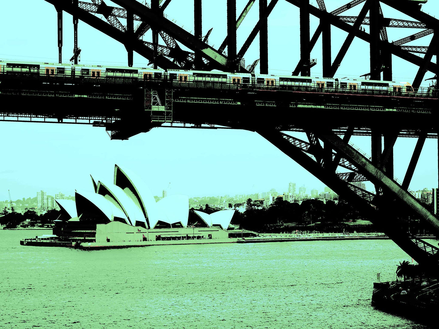 POPscape Sydney - Opera House Bridge Train 0095v18 - 90x67.5cm, Sydney Opera House and Harbour Bridge in green-toned Pop Art style, limited edition print.