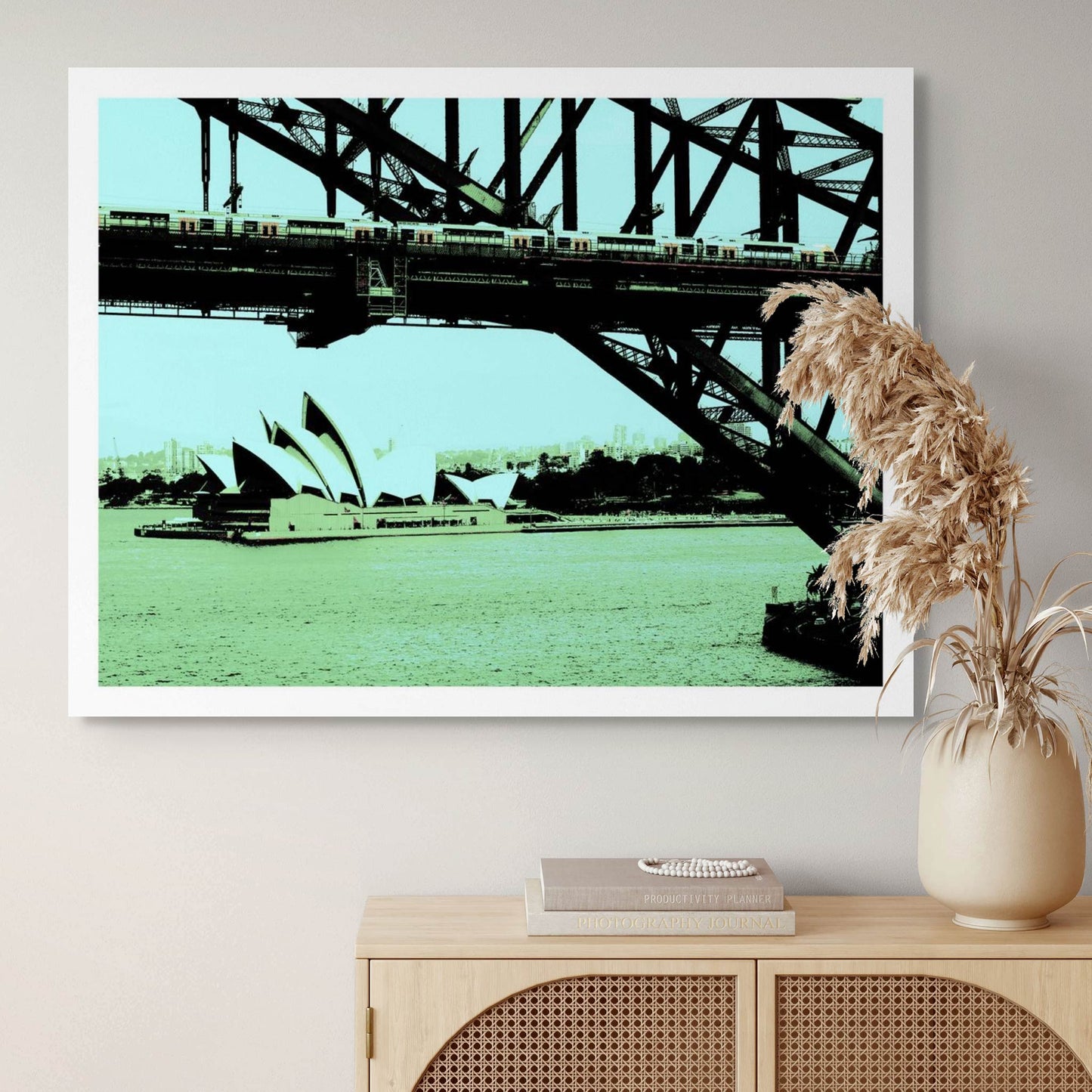 POPscape Sydney - Opera House Bridge Train 0095v18 - Room View, Sydney Opera House and Harbour Bridge in green-toned Pop Art style, limited edition print.