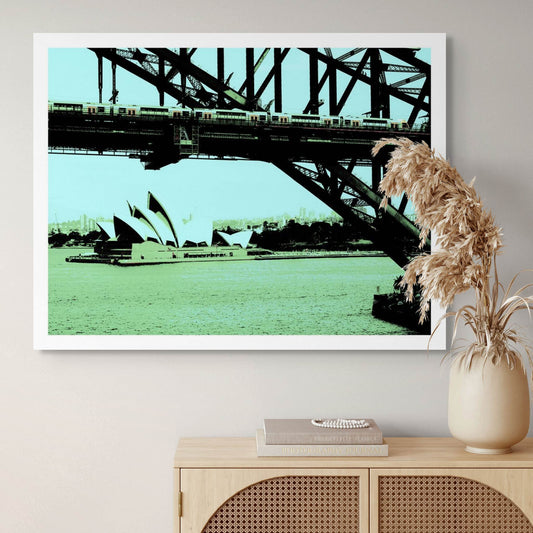 POPscape Sydney - Opera House Bridge Train 0095v18 - Room View, Sydney Opera House and Harbour Bridge in green-toned Pop Art style, limited edition print.