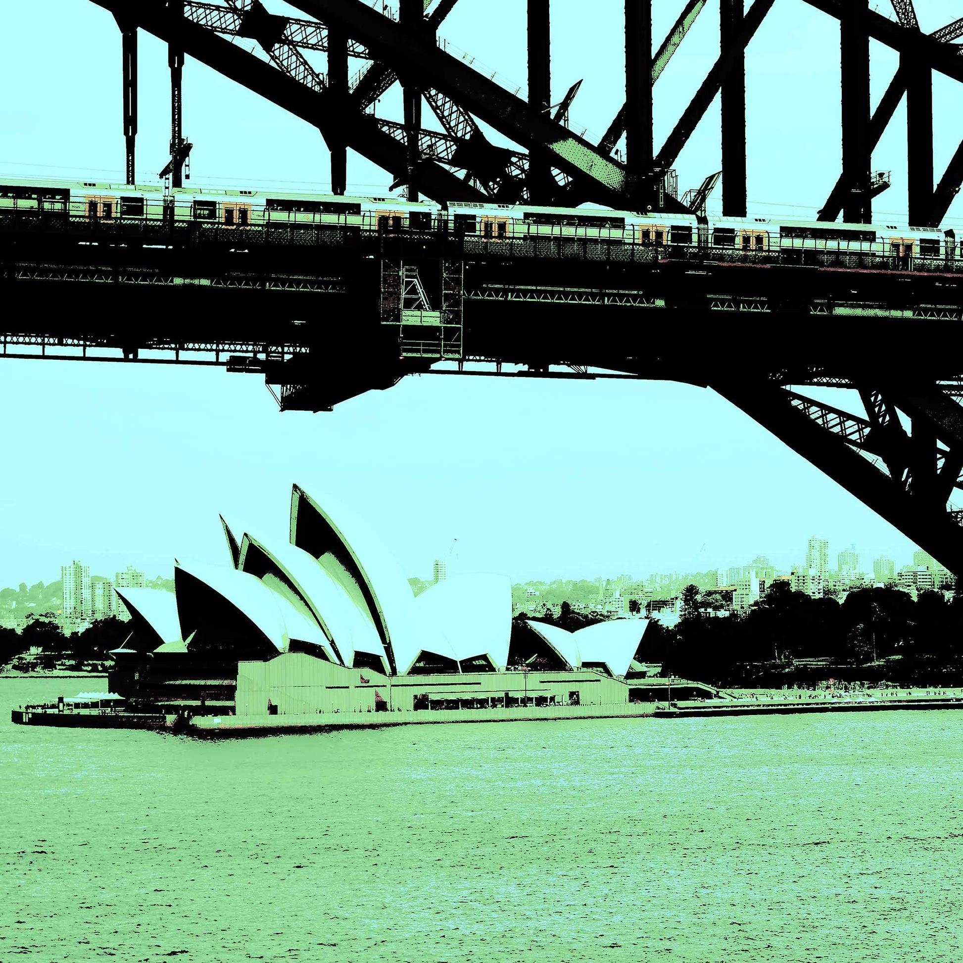 POPscape Sydney - Opera House Bridge Train 0095v18 - Close Detail View, Sydney Opera House and Harbour Bridge in green-toned Pop Art style, limited edition print.