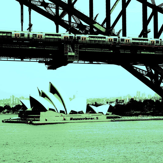 POPscape Sydney - Opera House Bridge Train 0095v18 - Close Detail View, Sydney Opera House and Harbour Bridge in green-toned Pop Art style, limited edition print.