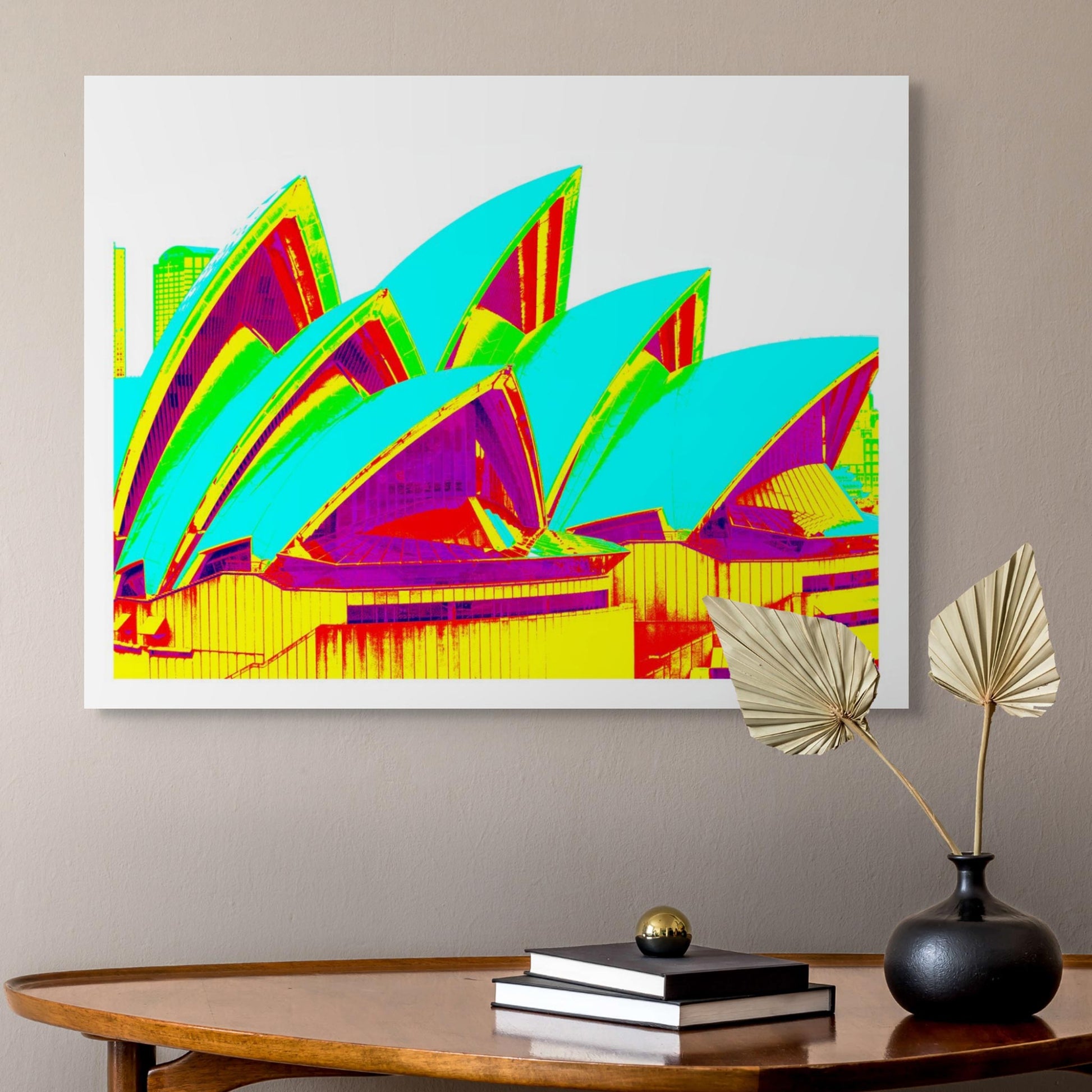 POPscape Sydney - Opera House Sails 0133v109 - Room View, bold yellow and cyan Pop Art style Sydney Opera House sails, limited edition print.