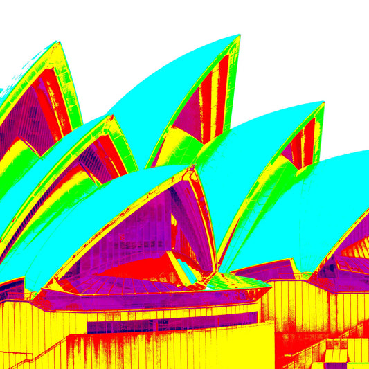 POPscape Sydney - Opera House Sails 0133v109 - Close Detail View, bold yellow and cyan Pop Art style Sydney Opera House sails, limited edition print.