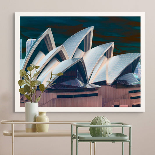POPscape Sydney - Opera House Sails 0133v23 - Room View, subtle Pop Art rendering of Sydney Opera House sails, detailed architectural form, fine art print.