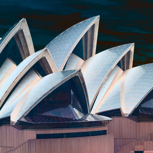 POPscape Sydney - Opera House Sails 0133v23 - Close Detail View, subtle Pop Art rendering of Sydney Opera House sails, detailed architectural form, fine art print.