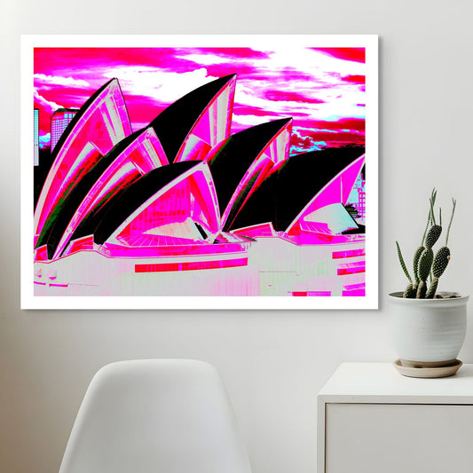POPscape Sydney - Opera House Sails 0133v49 - Room View, bright pink Pop Art style Sydney Opera House sails against dramatic sky, limited edition print.