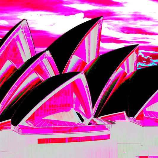 POPscape Sydney - Opera House Sails 0133v49 - Close Detail View, bright pink Pop Art style Sydney Opera House sails against dramatic sky, limited edition print.