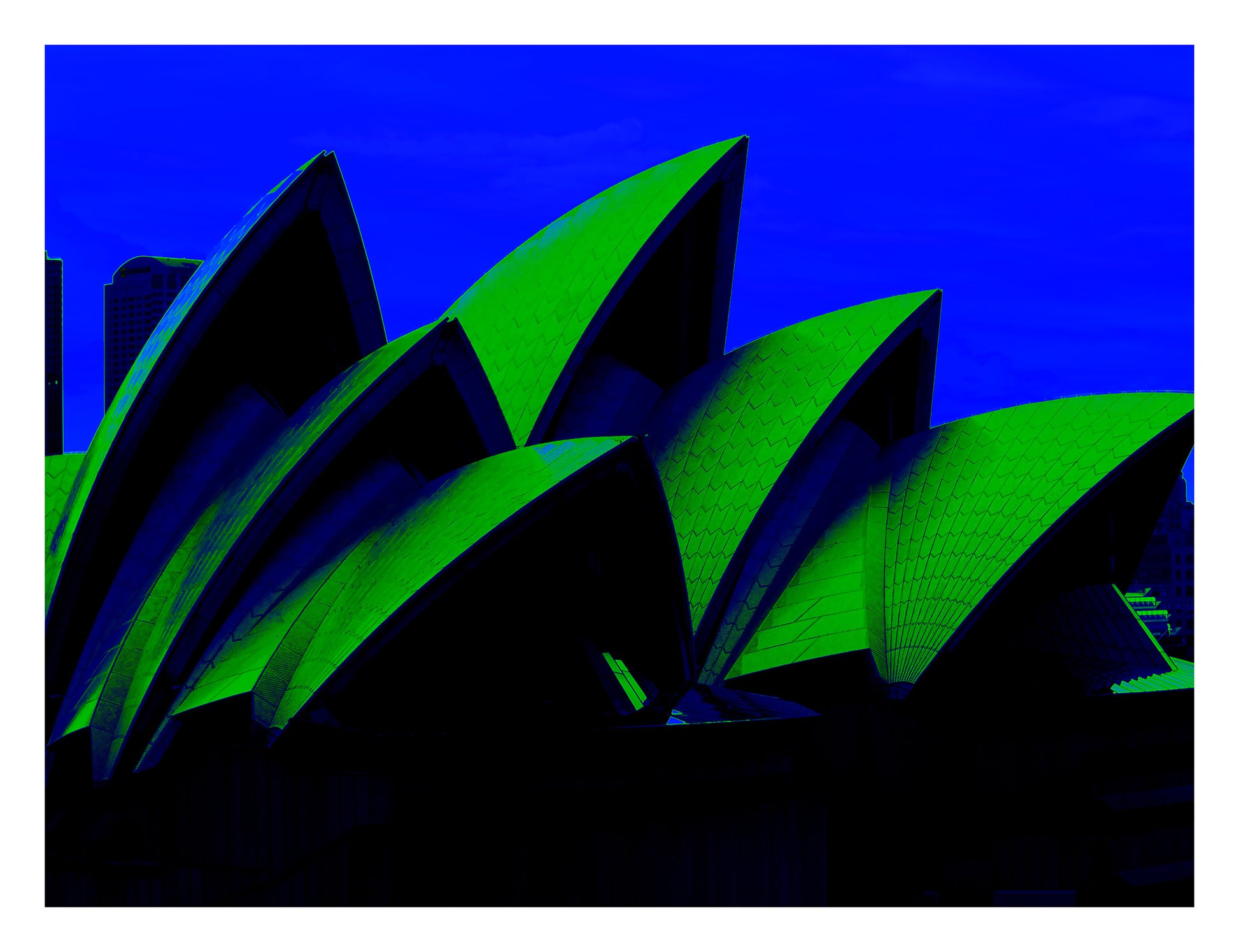 POPscape Sydney - Opera House Sails 0133v52 - 104x81.5cm, deep blue and green Pop Art style Sydney Opera House sails at night, fine art print.