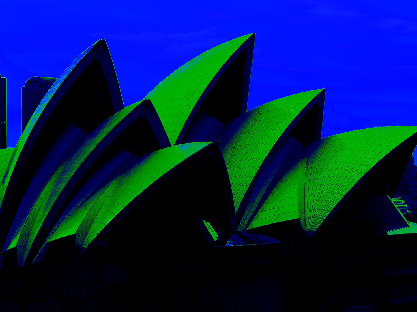 POPscape Sydney - Opera House Sails 0133v52 - 90x67.5cm, deep blue and green Pop Art style Sydney Opera House sails at night, fine art print.