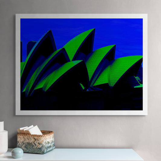 POPscape Sydney - Opera House Sails 0133v52 - Room View, deep blue and green Pop Art style Sydney Opera House sails at night, fine art print.