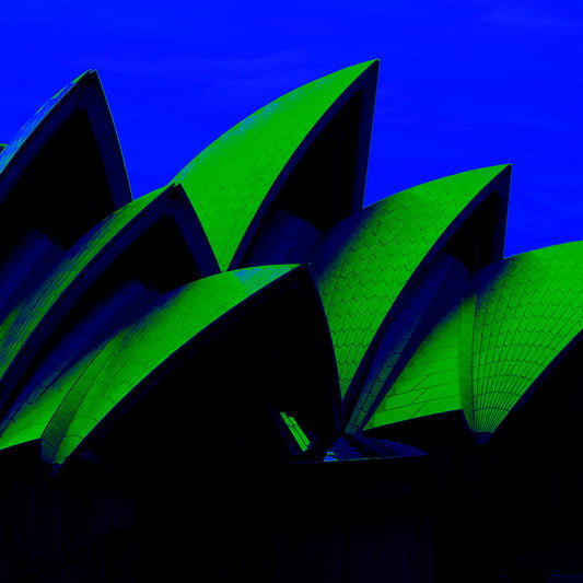POPscape Sydney - Opera House Sails 0133v52 - Close Detail View, deep blue and green Pop Art style Sydney Opera House sails at night, fine art print.
