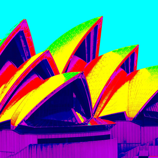POPscape Sydney - Opera House Sails 0133v85 - Close Detail View, multicolour Pop Art style Sydney Opera House sails with vibrant yellow and magenta, limited edition print.
