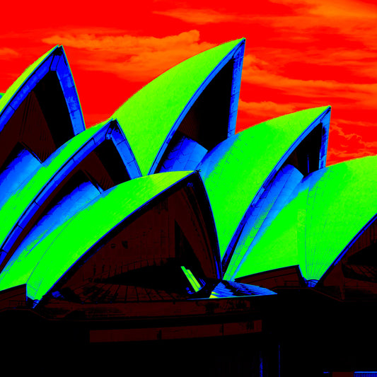 POPscape Sydney - Opera House Sails 0133v96 - Close Detail View, Pop Art style Sydney Opera House sails in green and blue tones, fine art print.